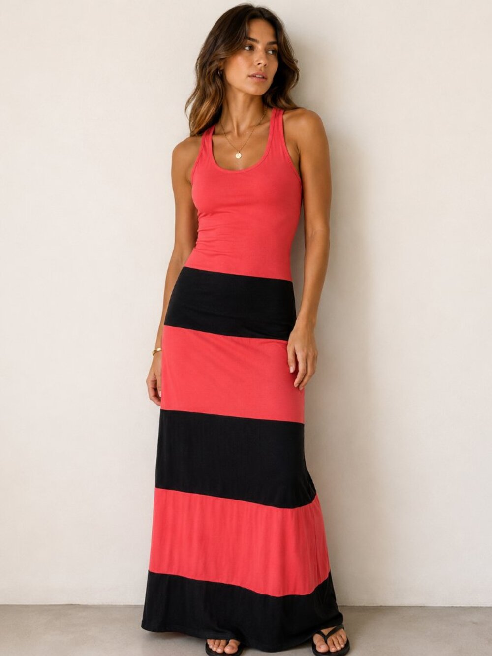 Papaya Racerback Maxi Dress Black Coral Stripe Size Small